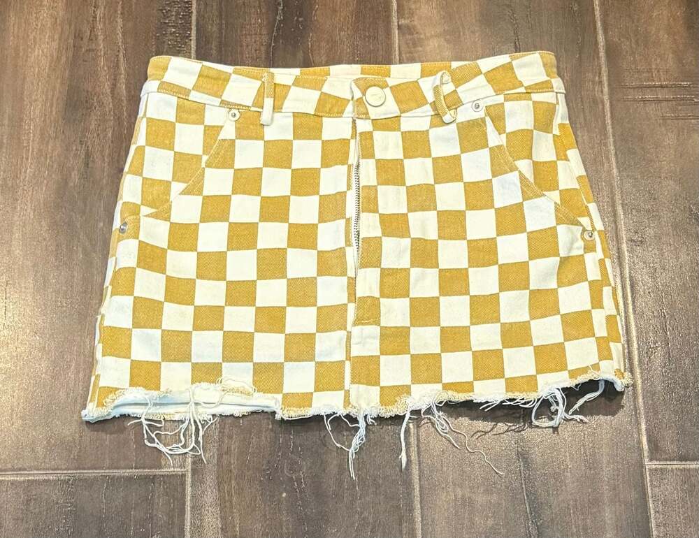 Peppermayo Luisa Yellow Checkered Raw Hem Mini Skirt
